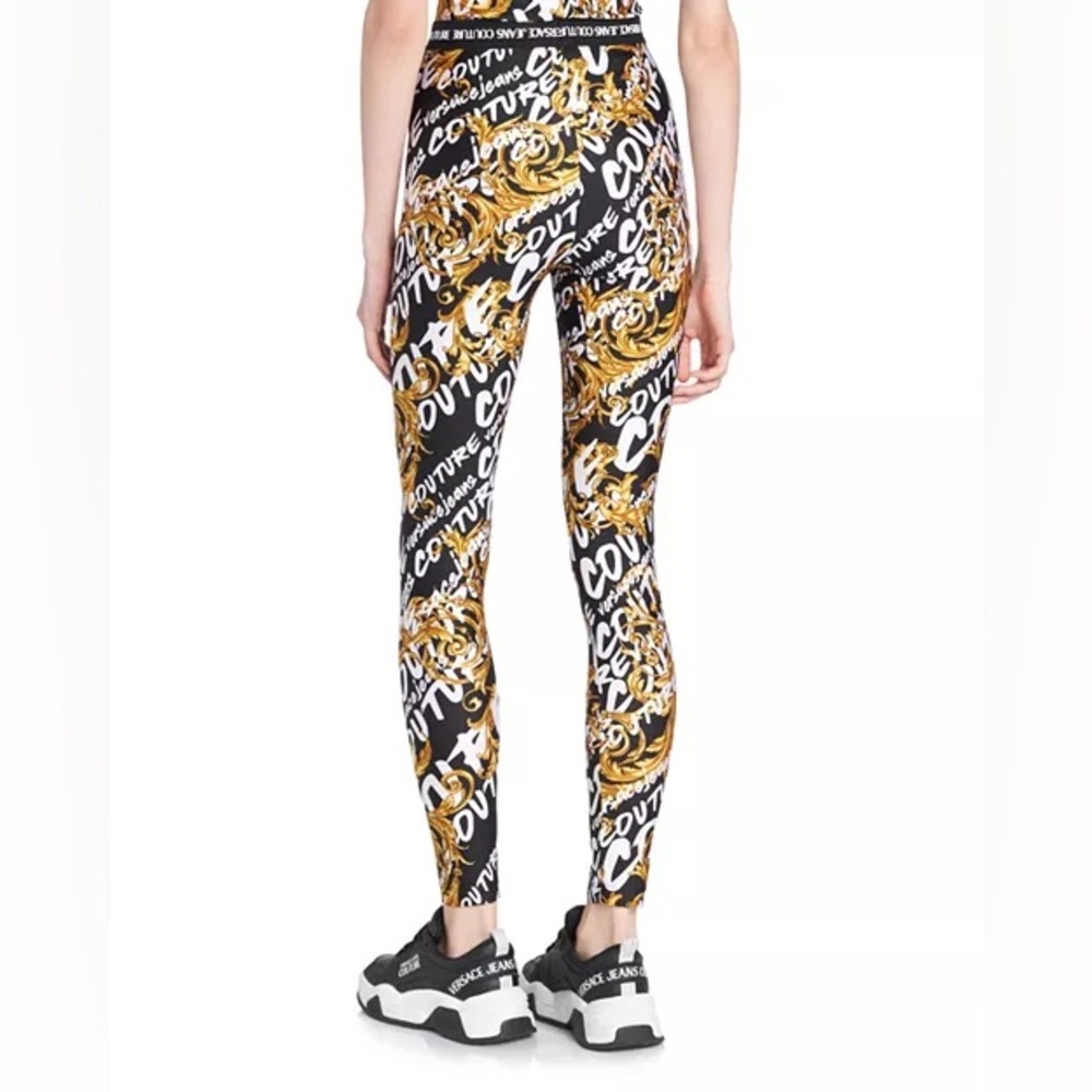 Versace Jeans Couture Womens Black White Logo Print Leggings Sz Small 6 / IT 42 - Picture 2 of 7